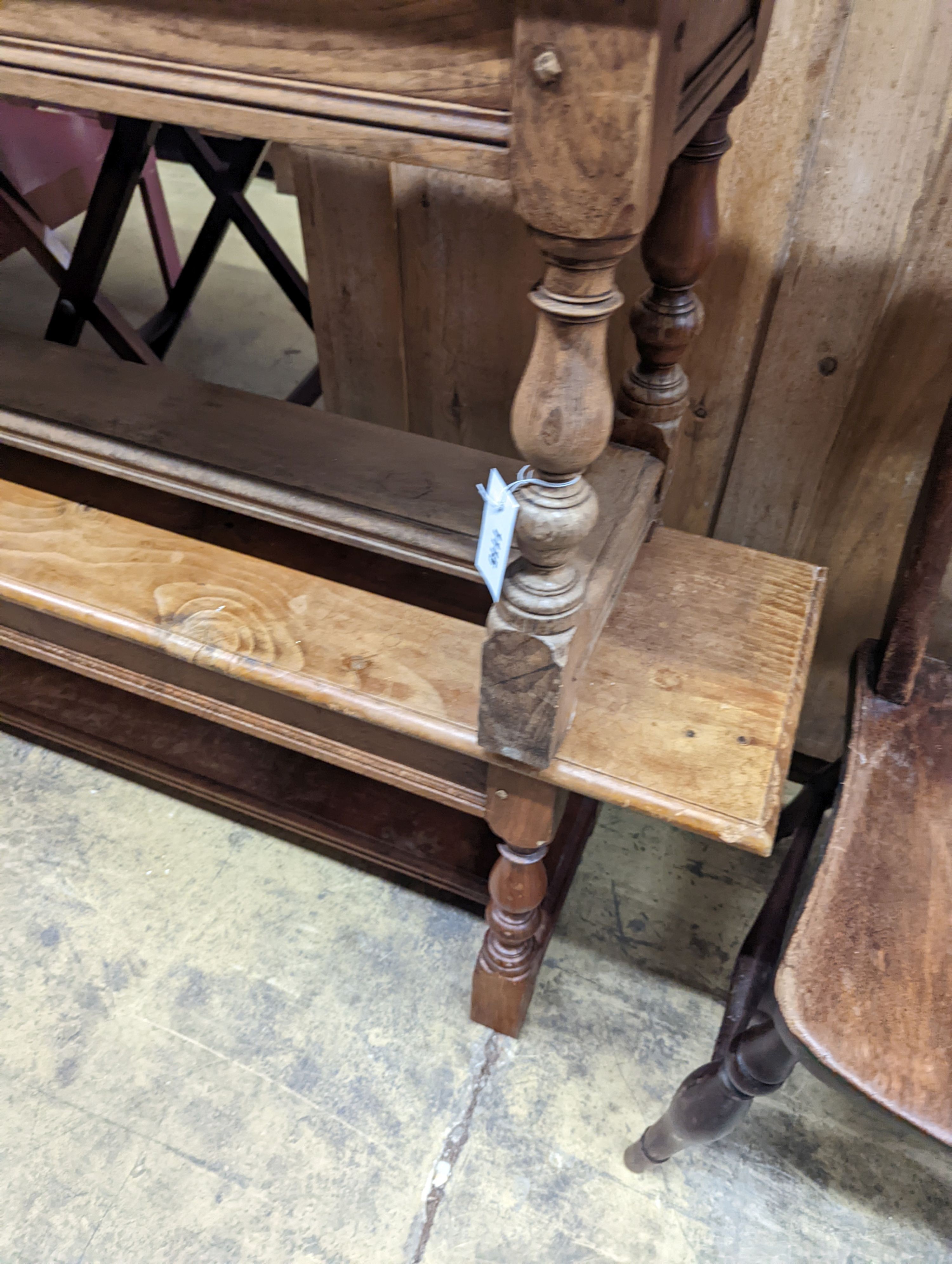 A pair of 18th century style oak benches, length 124cm, depth 30cm, height 48cm